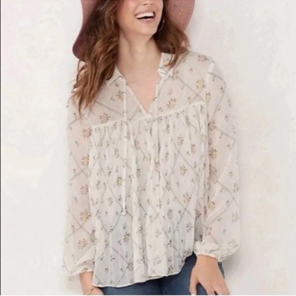 LC S Ivory Coral Green Gold Floral Diamond Plaid Pleated Long Sleeve Blouse